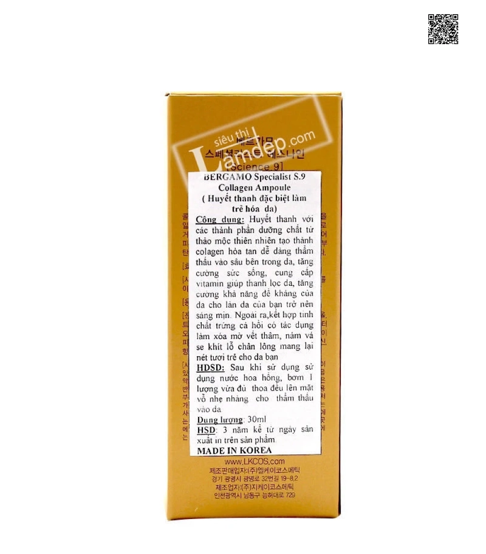 Tinh Chất Collagen Ampoulo Bergamo S9 (30ml)