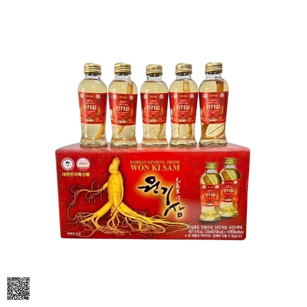 Nước Hồng Sâm Có Củ Wonkisam Korean Ginseng Drink Hàn Quốc (10 chai x 120ml)