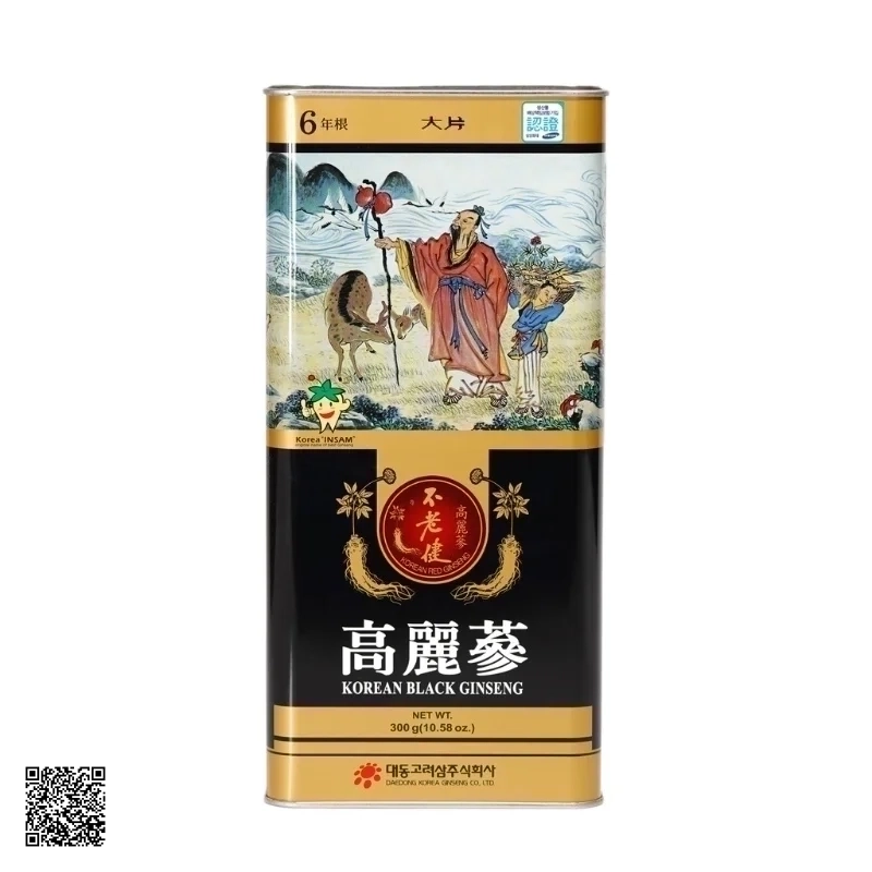 Hắc Sâm Củ Khô Daedong Korean Black Ginseng Hộp Thiếc 300gr (11 - 20 củ)