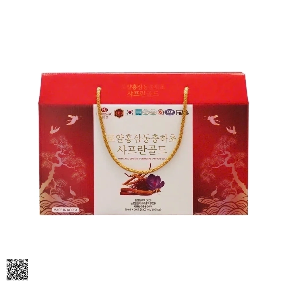 Nước Hồng Sâm Đông Trùng Hạ Thảo & Nhuỵ Hoa Nghệ Tây HankwanjanG Royal Red Ginseng Cordyceps Saffron Gold (20 Gói x 70ml)