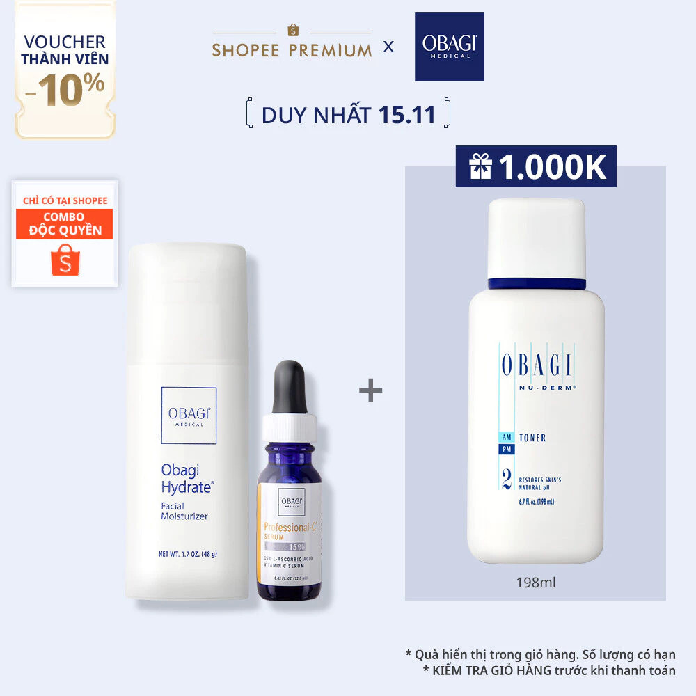 Bộ đôi Serum Obagi Professional-C 15% 12.5ml và Kem dưỡng ẩm Obagi Hydrate Facial Moisturizer 48g