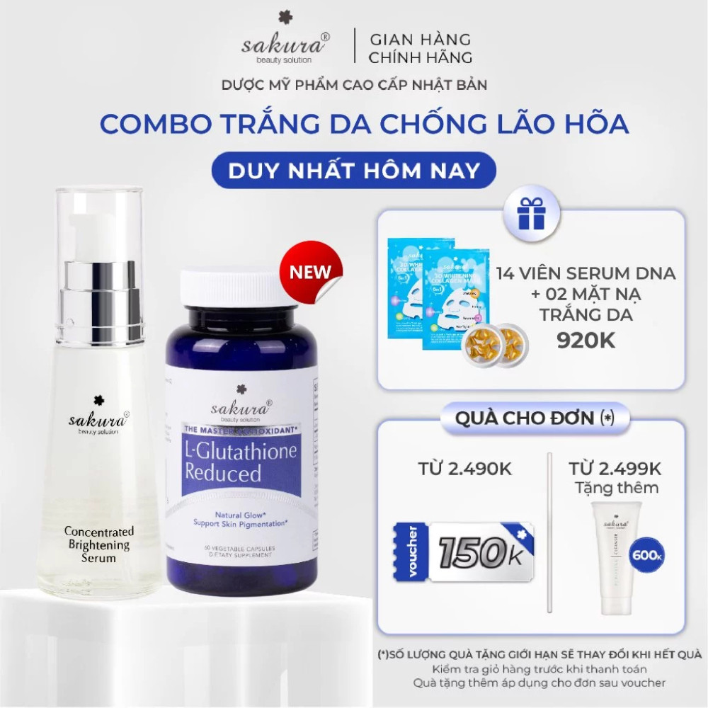 Bộ 2 Sản Phẩm Viên Uống Trắng Da Glutathione Và Serum Dưỡng Trắng Da Sakura