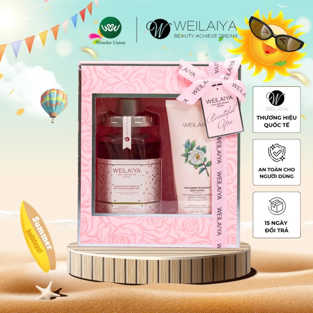 Hộp Quà Tặng Sữa Tắm Cánh Hoa Hồng Damask Weilaiya & Lotion Dưỡng Thể Trắng Da Body Hoa Trà